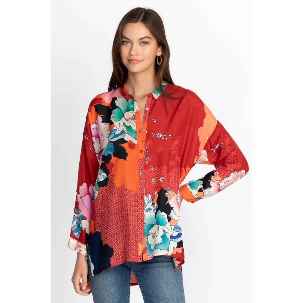 Johnny Was Tura Jarah Button Down Top 100% Silk Multicolor Floral C15322B-7 Boho